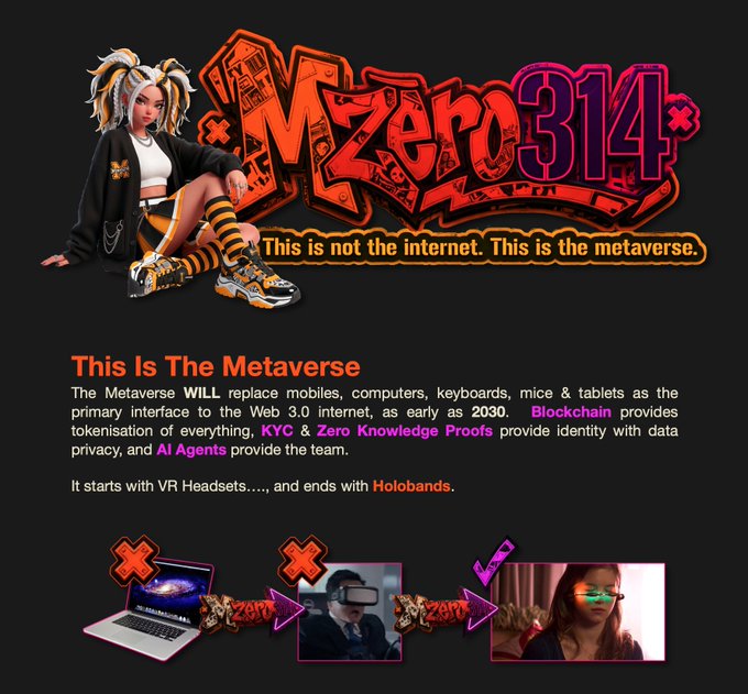 A promotional graphic titled 'Mezo314' with the tagline 'This is not the internet. This is the metaverse,' featuring a stylized female character and explaining that the Metaverse will replace current interfaces by 2030, using Blockchain, KYC, and AI Agents.