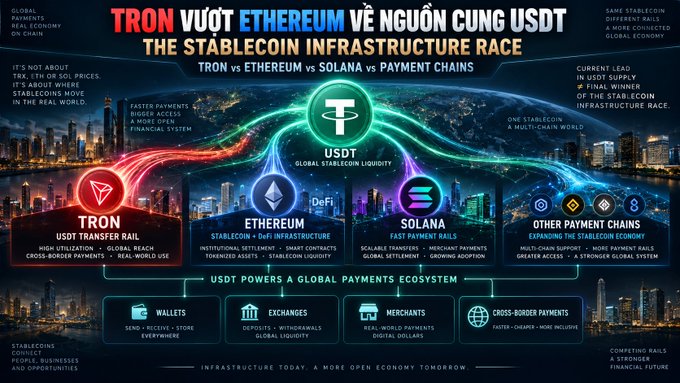 An infographic comparing stablecoin infrastructure across TRON, Ethereum, Solana, and other payment chains, titled 'TRON VƯỢT ETHEREUM VỀ NGUỒN CUNG USDT'.