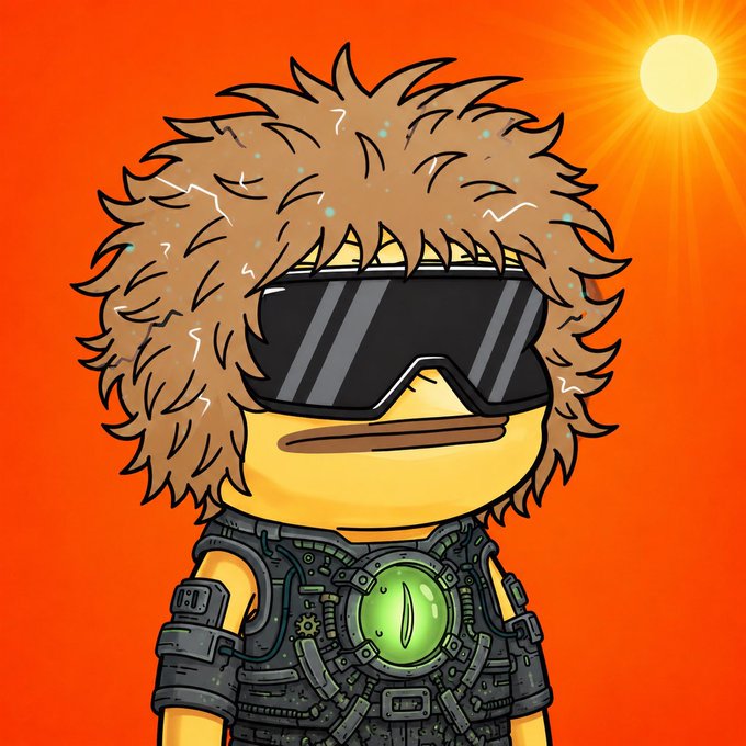 A cartoon illustration of a yellow frog-like character with fluffy brown hair, wearing dark ski goggles and a futuristic green and black armored chest piece with a reptilian eye emblem, set against an orange background with a sun.