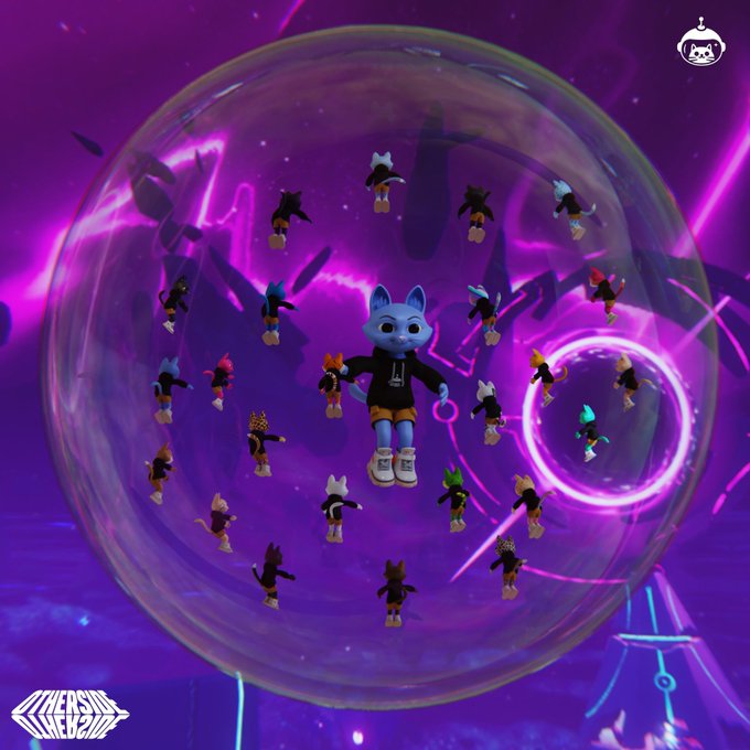 A digital artwork featuring a large transparent bubble containing multiple cartoon cat-like characters, with a central character in a black hoodie surrounded by others in a purple cosmic background, marked 'CYBERSPACE' in the bottom left corner.