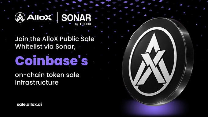 An advertisement for the Allox Public Sale Whitelist via Sonar by Echo, described as Coinbase's on-chain token sale infrastructure, with the URL sale.allox.ai.