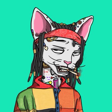 A cartoon-style digital illustration of a white cat character with dreadlocks, a red bandana, and a colorful jacket smoking a cigarette against a teal background.