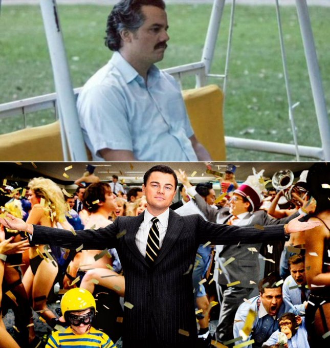 Top: a man sits alone in an empty stadium with a somber expression. Bottom: Leonardo DiCaprio in "The Wolf of Wall Street" stands triumphantly with arms outstretched amid a chaotic party scene with confetti and cheering crowds — illustrating the dramatic emotional shift from despair to celebration after being whitelisted for the @zaddrnet mint.