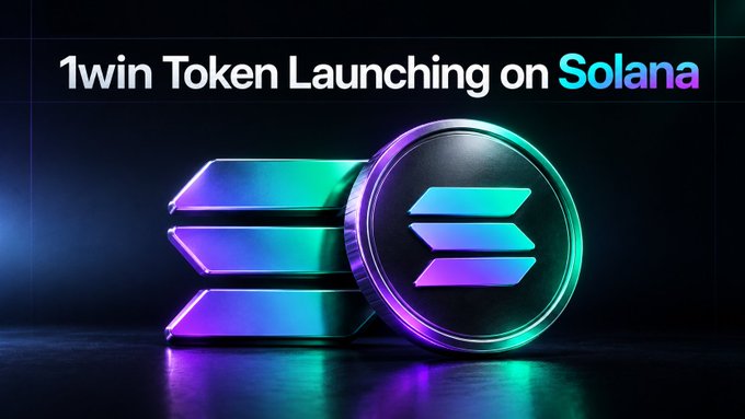 A promotional graphic announcing '1win Token Launching on Solana' with a 3D metallic Solana logo rendered in iridescent blue-green and purple colors.