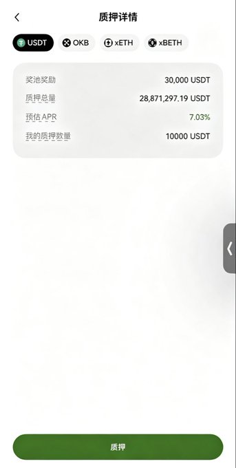 A mobile app screen showing staking (质押) details for USDT, displaying a 30,000 USDT reward pool, total staked amount of 28,871,297.19 USDT, estimated APR of 7.03%, and the user's stake of 10,000 USDT, with tabs for OKB, XETH, and xBETH above a green 质押 (stake) button. The image visually supports the post's message about prioritizing capital preservation over high-risk speculation by illustrating a lower-risk staking opportunity that yields around 7% APR.