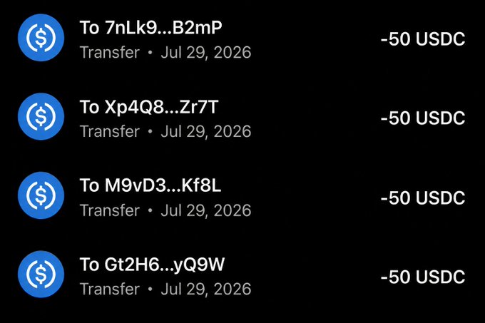 The image shows a transaction history of four outgoing transfers of -50 USDC each to different wallet addresses (7nLk9...B2mP, Xp4Q8...Zr7T, M9vD3...Kf8L, and Gt2H6...yQ9W), all dated Jul 29, 2026, likely serving as proof of the giveaway airdrop where the user is encouraging others to drop their Solana wallet to receive funds.