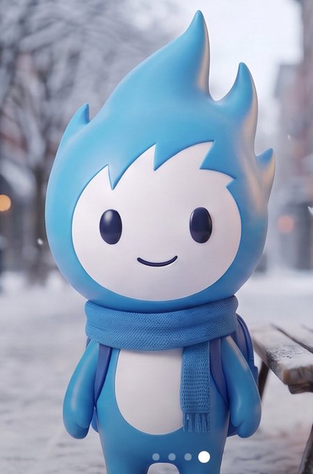A 3D-rendered cute blue flame-headed mascot character wearing a scarf, standing in a snowy outdoor setting.