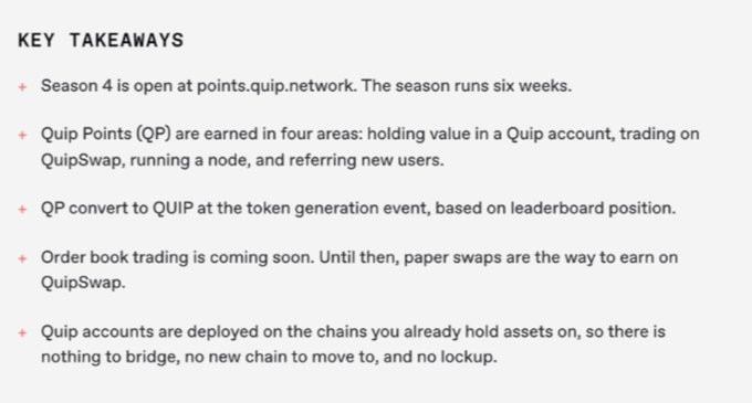 Key takeaways about Quip Network Season 4, noting Quip Points (QP) are earned through holding, trading on QuipSwap, running nodes, and referrals, and that QP convert to QUIP tokens at the token generation event.