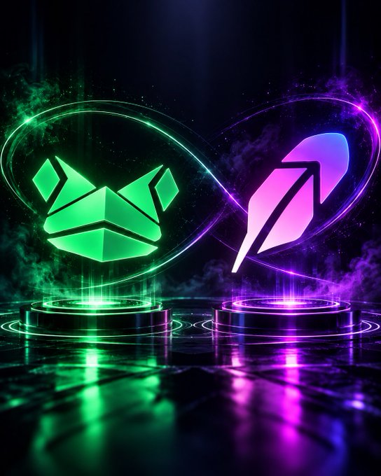 A neon-lit digital graphic featuring two glowing 3D symbols—a green geometric fox-like logo on a podium and a pink rocket emblem on a podium—connected by intertwining cosmic light trails against a dark background.
