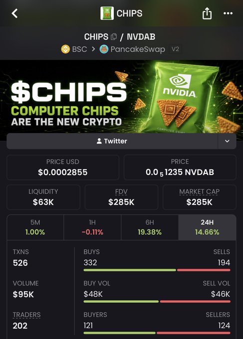 The image displays a cryptocurrency tracking dashboard for the $CHIPS token on PancakeSwap (BSC), showing a price of $0.0002855, $63K liquidity, $285K FDV/market cap, and 202 traders, with promotional imagery branding it as "Computer Chips are the New Crypto" and tied to NVIDIA—aligning with the post's claim that $CHIPS pays out in "NVDAB" (Nvidia-backed) rewards and is poised to surge due to Binance's interest in NVIDIA.