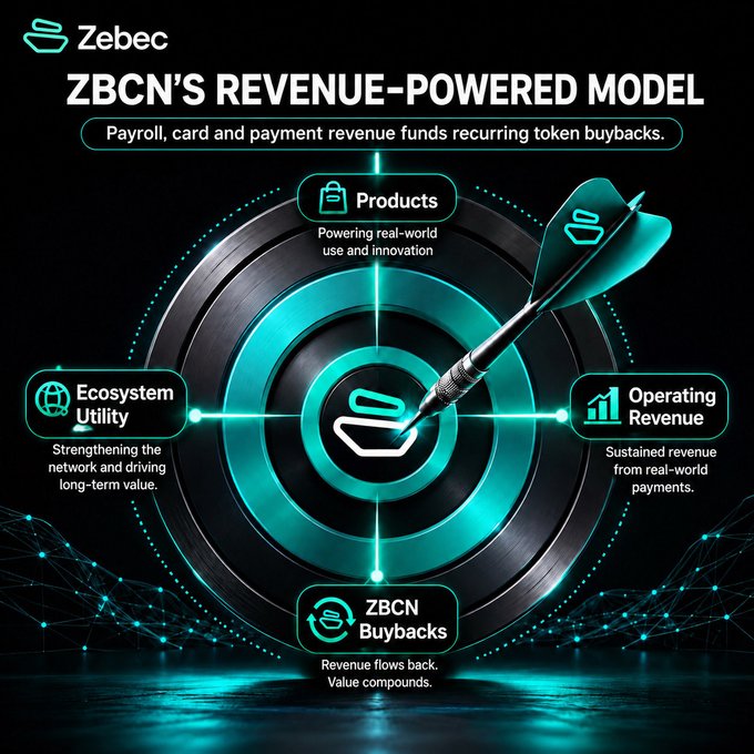 Promotional graphic for Zebec (ZBCN) titled 'ZBCN'S REVENUE-POWERED MODEL,' showing a target with arrows and four pillars: Products, Ecosystem Utility, Operating Revenue, and ZBCN Buybacks.