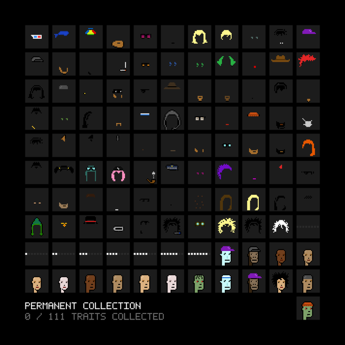 The image features a grid of faces, each with different hairstyles and facial expressions, arranged in rows and columns against a black background. The text "Permanent Collection" is displayed at the top of the image, while "9 7 111 traits collected" is written below it. This collection includes various types of characters or people depicted in the images.