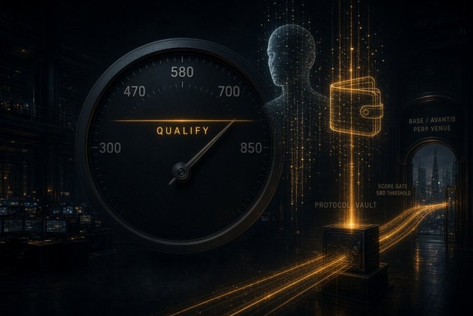A glowing orange gauge labeled "QUALIFY" displays a threshold near 580, accompanied by a particle-formed humanoid silhouette and a digital wallet icon, visually echoing the post's central theme of an agentic credit protocol governed by a single qualifying score threshold.