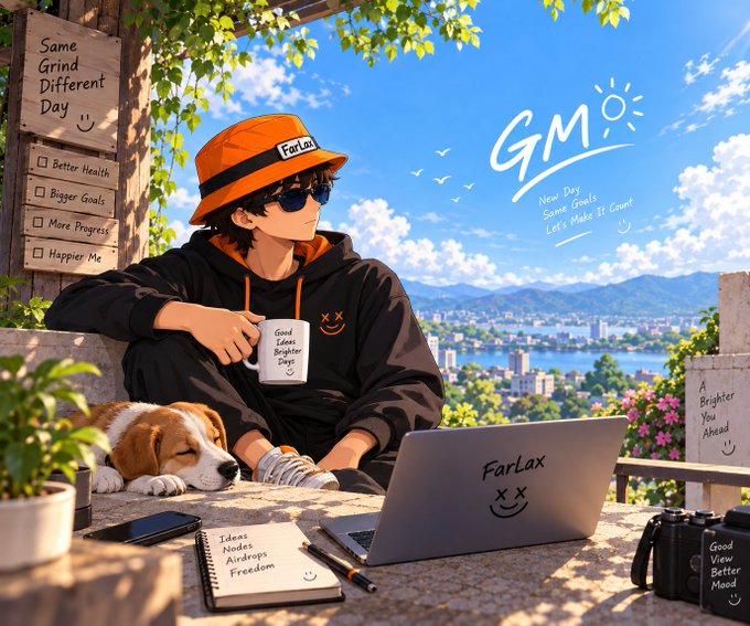 An anime-style illustration of a character wearing an orange hat and black hoodie sitting at a table with a laptop and a sleeping dog, with text including "FarLax," "GM," "Same Grind Different Day," and "Better Health."