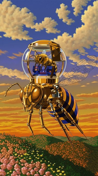 A fantastical digital artwork depicts a mechanical bee with a glass dome cockpit carrying a smaller bee, flying over a field of pink flowers under a cloudy sunset sky.