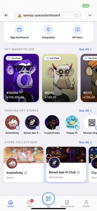 A mobile screenshot of the OpenPay dashboard showing the NFT Marketplace featuring Verified Bored Ape Pi Club #0112 (π100.00), #10000 (π100,000.00), and other verified collections, along with verified NFT stores including AxieInfinity, Bored Ape Pi Club, CryptoPunks, and Flappy Pi. The image visually supports the announcement of OpenNFT launching on OpenPay, displaying the platform's NFT marketplace interface where users can discover, collect, and trade digital collectibles.
