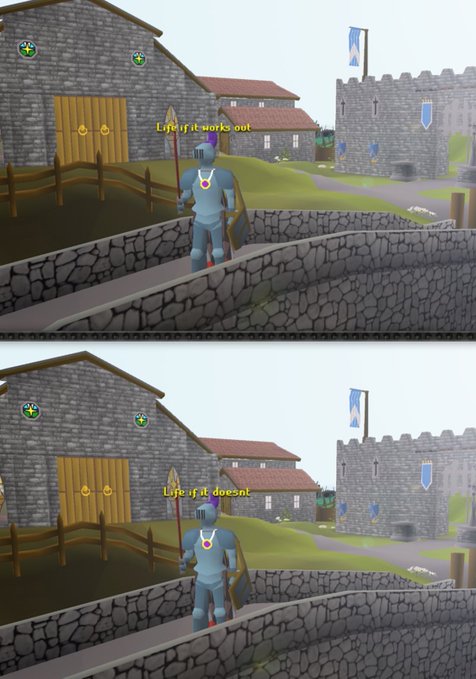 Two screenshots from the game "Solanascape.online" show a knight character holding a spear on a stone bridge, with dialogue text reading "Life if it works out" in the top image and "Life if it doesnt" in the bottom image, depicting contrasting scenarios in the medieval-style virtual world.