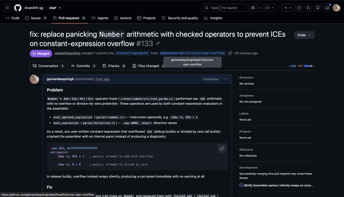 GitHub pull request titled 'fix: replace panicking Number arithmetic with checked operators to prevent ICEs on constant-expression overflow' for blueshift-go, addressing overflow in parse.const.rs eval_operand_expression and eval_expression.