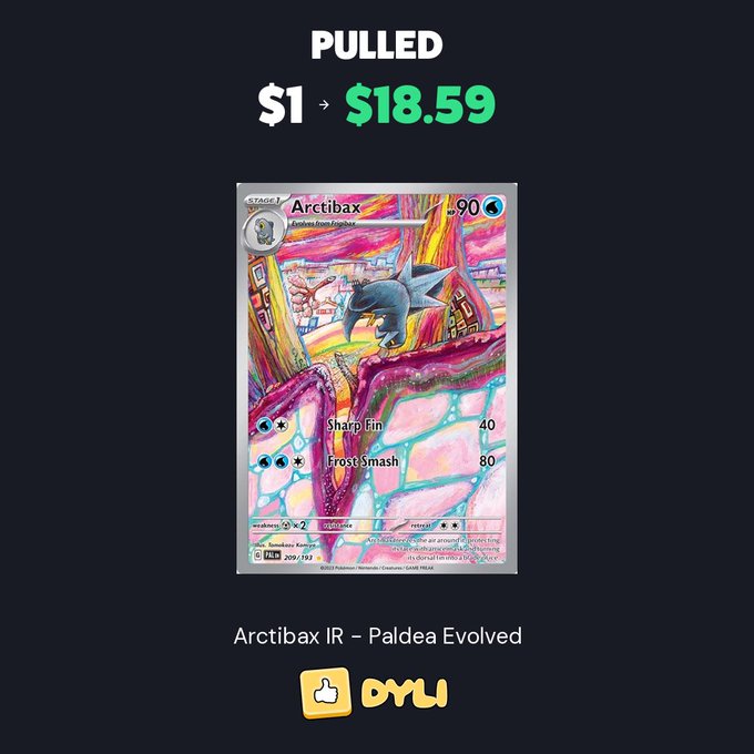 A digital listing shows a Pokémon card 'Arctibax IR - Paldea Evolved' pulled for $18.59, featuring the 'OYU' logo.