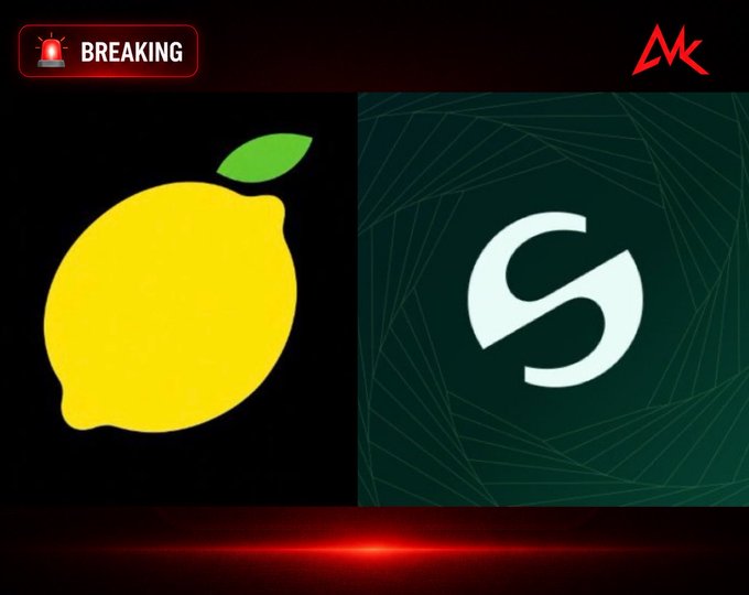 A 'BREAKING' news graphic showing the yellow Lemon cryptocurrency logo next to the white S logo on a dark green background.