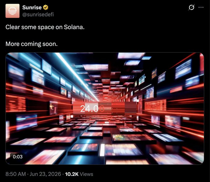 The image shows a large screen with a red tunnel, surrounded by many small screens displaying images of various objects such as backpacks and clocks. The text "clear some space on Solana" is written above the tunnel, suggesting that there might be an issue with the available storage or organization in the area. The post also mentions that more content will soon be coming up, possibly related to the image's context.