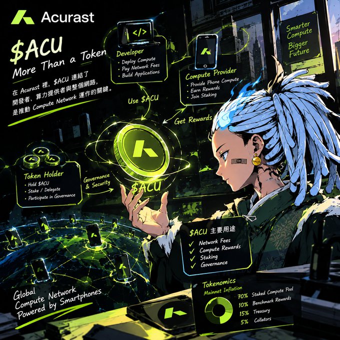 An infographic for 'Acurast' cryptocurrency ($ACU) shows tokenomics, ecosystem participants (Developers, Compute Provider, Token Holder), and uses like Network Fees, Staking, and Governance.