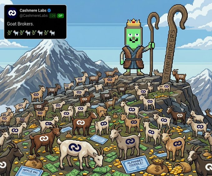 An illustration in the style of Cashmere Labs (@CashmereLabs) titled 'Goat Brokers' showing a crowned green character holding a 'STONKBROKERS' staff, surrounded by a herd of goats marked with symbols, piles of money, and documents labeled 'APPLE INC.' and 'ALPHABET (GOOGLE)' against a snowy mountain backdrop.