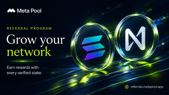 A promotional banner for 'MetaPool' featuring a 'REFERRAL PROGRAM' with the headline 'Grow your network' and the tagline 'Earn rewards with every verified stake,' displaying two glowing 3D coins (Solana and MetaPool logos) against a dark, futuristic background, with the URL 'referrals.metapool.app' at the bottom right.