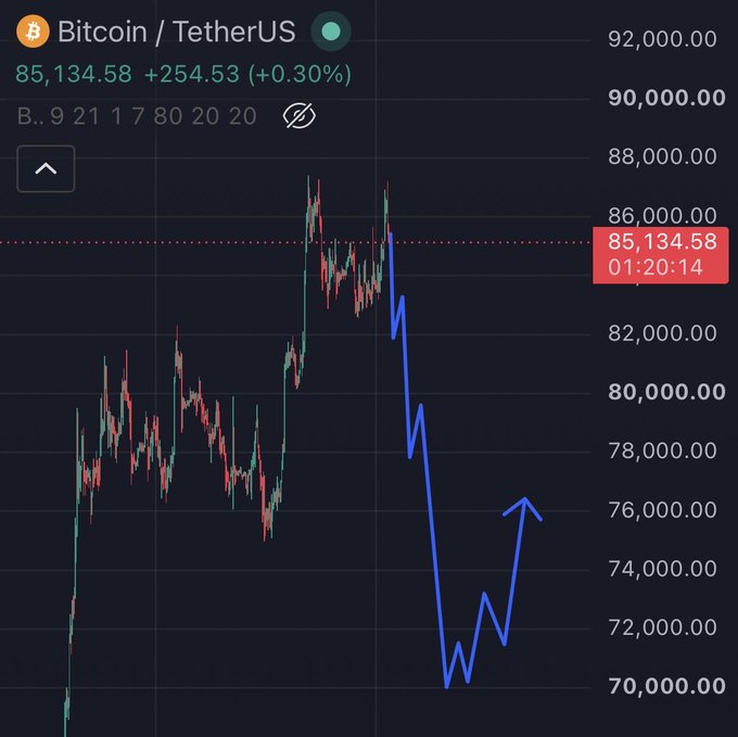 A Bitcoin/TetherUS trading chart showing a price of 85,134.58 (+0.30%) and a hand-drawn blue arrow indicating a projected downward trend to around 76,000.