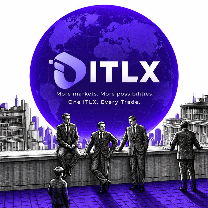 A promotional image featuring the "ITLX" logo over a purple globe, with the tagline "More markets. More possibilities. One ITLX. Every Trade." displayed above a black-and-white illustration of businessmen in suits gathered on a rooftop overlooking a city skyline.