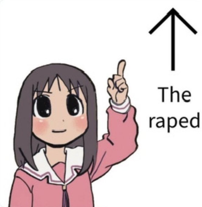 The image features a cartoon girl with long hair wearing a pink shirt who is pointing upwards towards an arrow. The text "The Raped" is written below her, which seems unrelated to the main subject of the picture. There are no other objects or people in the image besides the girl and the arrow.