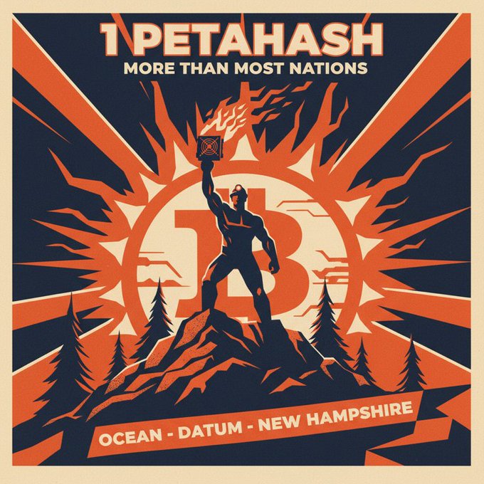 A Bitcoin-themed propaganda-style poster reading '1 PETAHASH - MORE THAN MOST NATIONS' with 'OCEAN - DATUM - NEW HAMPSHIRE' at the bottom.