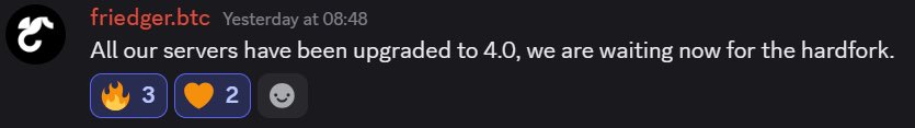 A Discord message from 'friedger.btc' that reads: 'All our servers have been upgraded to 4.0, we are waiting now for the hardfork.'