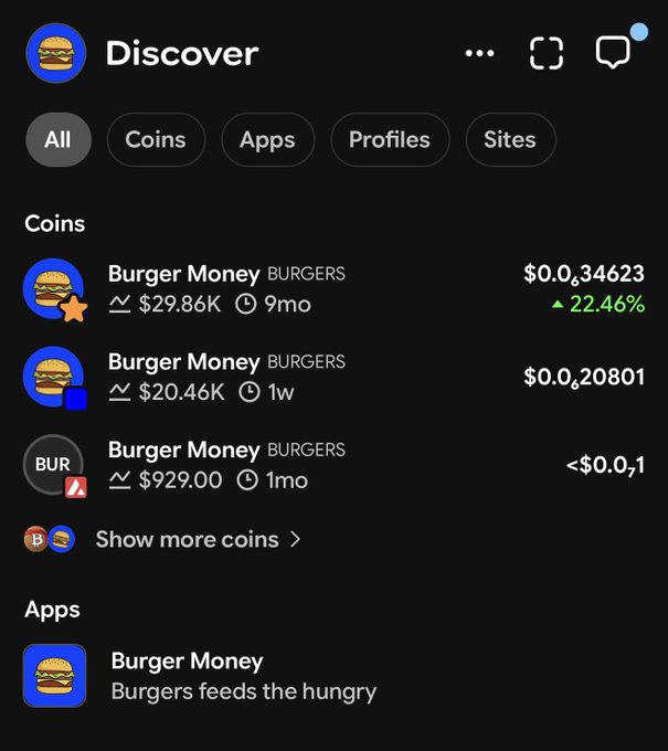 The focus of this image is a screenshot or a picture depicting an app called "Burger Money". This app has a unique icon featuring a burger, which is a symbol commonly associated with fast food, especially for hamburgers. The app's screen displays information about itself and other apps as well as the price of a $0.89 Burger Meal at a restaurant chain like @farcaster_xyz or @baseapp. This post likely discusses the app, its features, and how it can be used to explore and discover various aspects related to fast food establishments or restaurants that serve burgers.