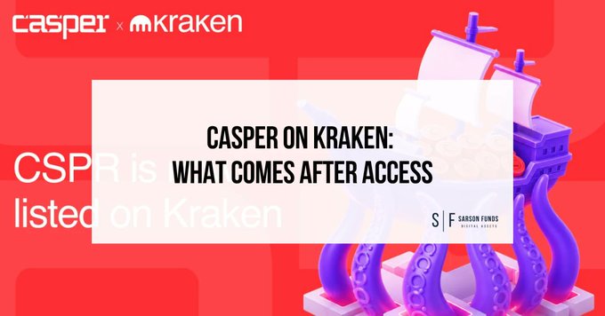 A promotional graphic announcing 'CASPER ON KRAKEN: WHAT COMES AFTER ACCESS' with 'CSPR is listed on Kraken' text alongside the Casper and Kraken logos.