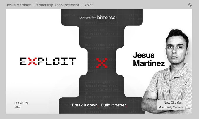 An event announcement graphic for “Jesus Martinez · Partnership Announcement – Exploit,” featuring an “EXPLOIT X” design, “powered by bitensor,” and the dates Sep 28–29, 2026.