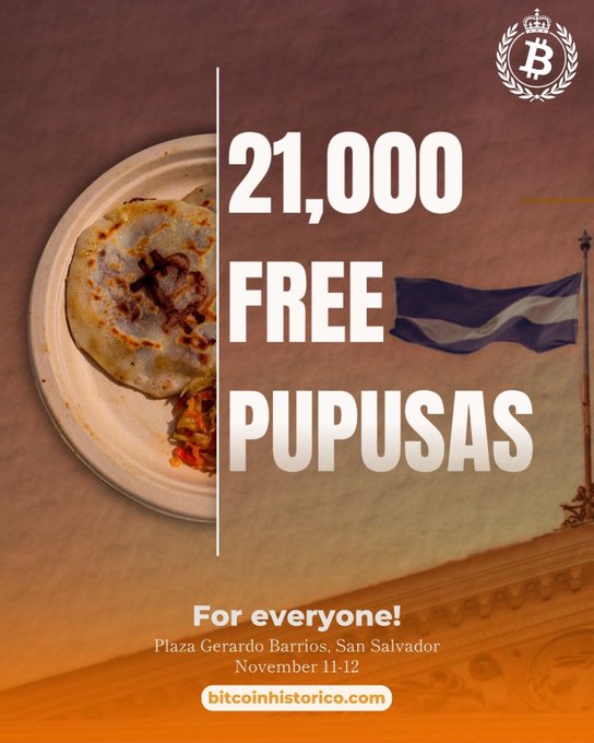 A promotional poster announcing '21,000 FREE PUPUSAS For everyone!' at Plaza Gerardo Barrios, San Salvador, November 11-12, branded with a Bitcoin 'B' logo and bitcoinhistorico.com.