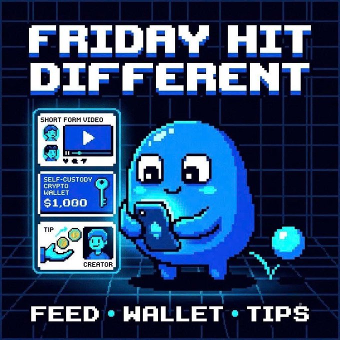 A pixel-art style promotional image reading 'FRIDAY HIT DIFFERENT' featuring a blue ghost-like character holding a phone, with sections for 'SHORT FORM VIDEO', 'SELF-CUSTODY CRYPTO WALLET $1,000', and 'CREATOR TIP', along with text 'FEED • WALLET • TIPS'.