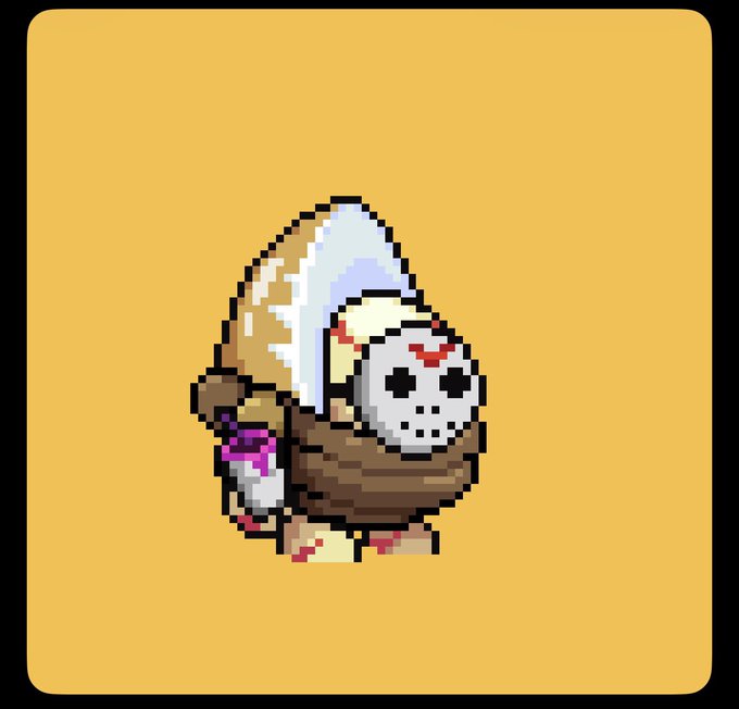 A pixel art character with a large gray conical hood or shell on its back, wearing a white mask with red markings and holding a sword, set against a yellow background.