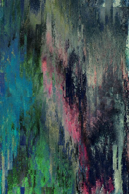 An abstract painting featuring vertical strokes of blue, green, pink, and black, creating a textured, layered composition.
