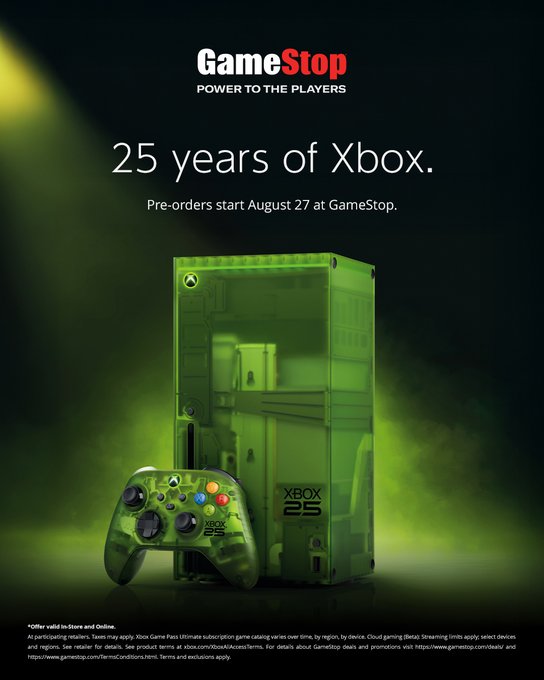A GameStop promotional image celebrating '25 years of Xbox' featuring a translucent green Xbox 20th Anniversary Edition console and controller, with text announcing that pre-orders start August 27.