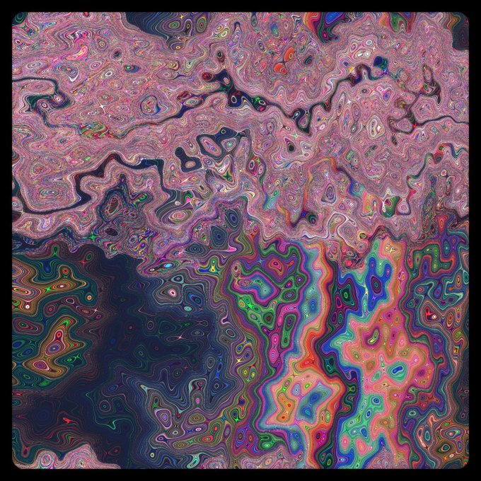An abstract, psychedelic digital artwork featuring swirling, distorted patterns in vibrant shades of pink, purple, blue, green, and gold.