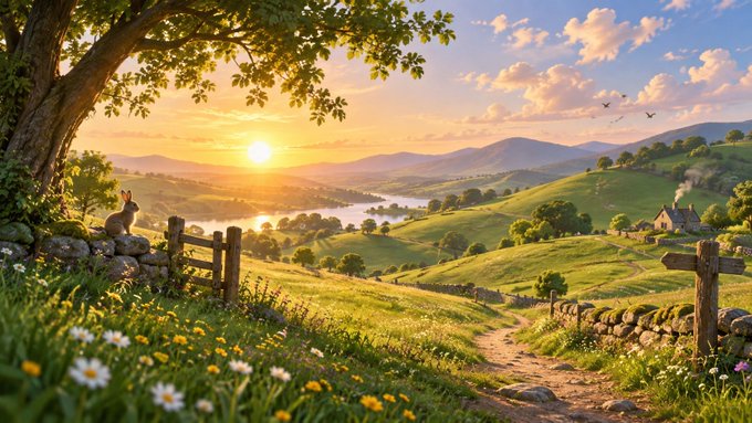 A serene sunset scene captures rolling green hills, a winding river, and a rabbit perched on a stone wall, with a wooden signpost and wildflowers dotting the landscape.

Note: There is no visible text, numbers, or tickers in the image, so no caption text can be derived from the visual content alone. The "GM" reference in the post doesn't appear to have a clear connection to the image.