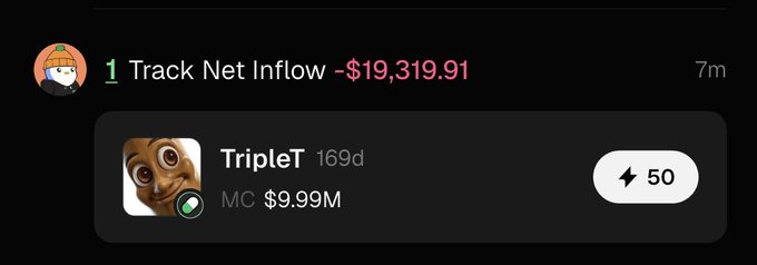 The image shows a Discord notification from "Track Net Inflow" displaying a 1 token called "TripleT" with a market cap of $9.99M, currently valued at 50 lightning points. This relates to the post mocking @orangie for not holding his thesis on $TripleT, as the token has shown significant decline indicated by the negative -$19,319.91 net inflow figure.