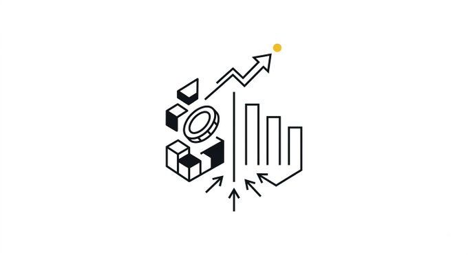 A minimalist line-art illustration depicting business and financial concepts, featuring cubes, a magnifying glass, an upward arrow with a sun, and a bar chart with converging arrows.
