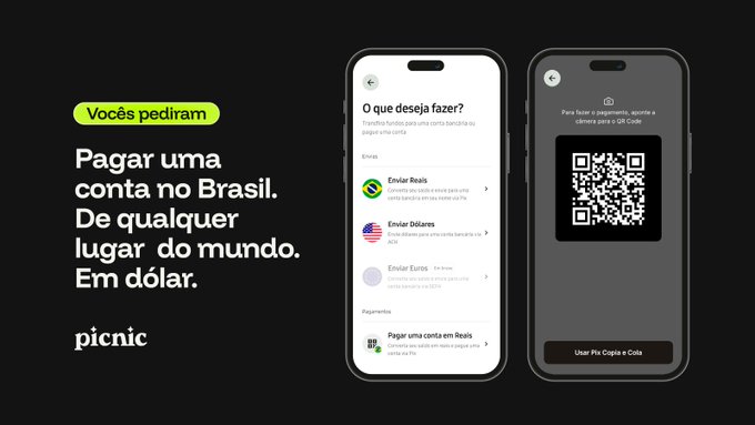 The image shows two cell phones side by side, both displaying a QR code. The text on the phones reads "Você pedir um pedir uma pedir? Pago um pedir o que quero desejado?" which translates to "Can I pay you with this?" and "Pago um pedir o que quedo?". This suggests that someone is offering a payment method for a service or product, possibly related to the Brazilian local currency. The phones are positioned side by side on a black background, making it easy to read the QR code text.