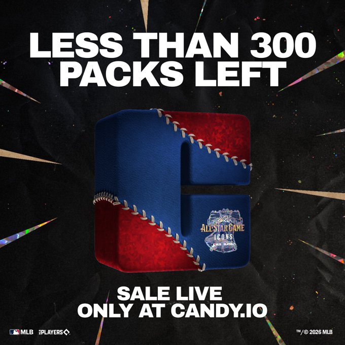 A promotional advertisement reading 'LESS THAN 300 PACKS LEFT' featuring a baseball-themed MLB 'All-Star Game Icons' pack, with text stating 'SALE LIVE ONLY AT CANDY.IO' and MLB/Mintable logos at the bottom.