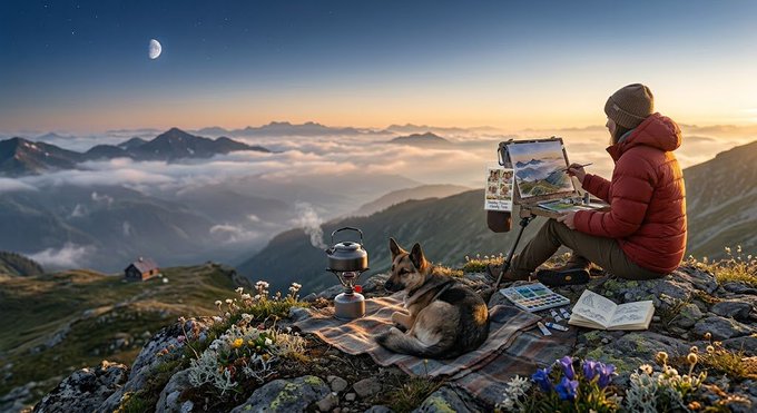A digital illustration shows a person in a red jacket painting at an easel on a mountain summit at sunrise, accompanied by a resting dog, a kettle, and an open book.