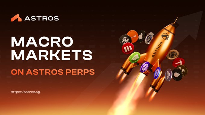 The image features a gold rocket with various symbols representing different commodities flying through the air against an orange background. The text "Macro Markets" is written above the rocket, indicating that this is related to the trading of commodities within the macro market space. The post also mentions Astros Perps and how it can be used for commodity trading on Astros Perps.