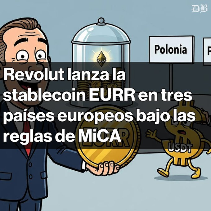 A cartoon illustration shows a man holding a Euro coin alongside a glass jar of Ethereum, with a 'USDT' character running away; Spanish text reads 'Revolut lanza la stablecoin EURR en tres países europeos bajo las reglas de MiCA'.